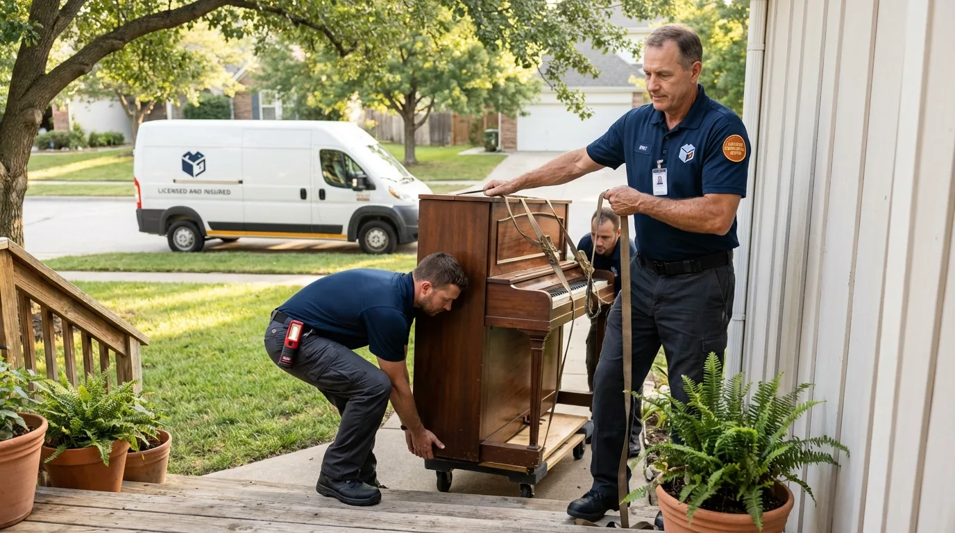 Licensed piano movers securing grand piano in South Beloit, IL