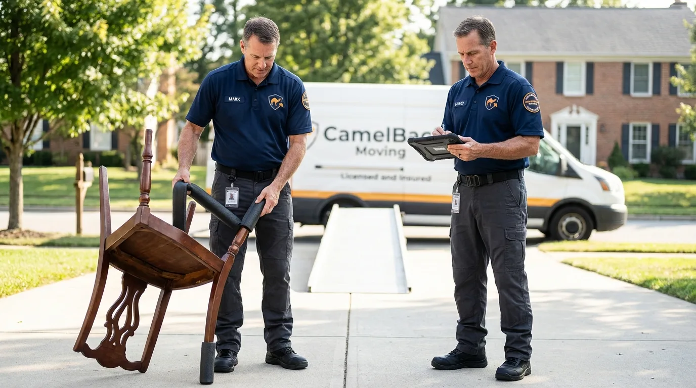 Movers inspecting furniture for damage prevention before loading in South Beloit, IL
