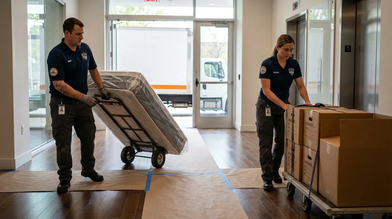 Professional apartment movers loading elevator in South Beloit, IL